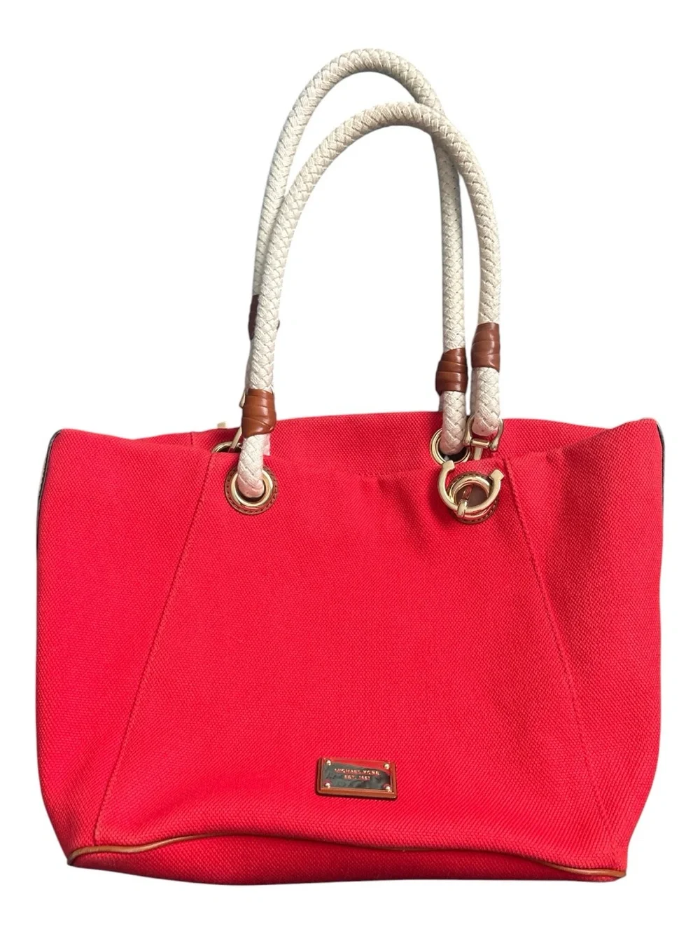 MICHAEL KORS MARINA MANDARIN RED CANVAS CONVERTIBLE PURSE,HAND+GRAB BAG